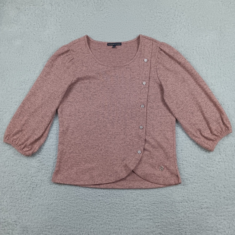 Adrienne Vittadini Top Faux Wrap L Pink Rhinestone Button 3/4 Sleeve Marled Knit